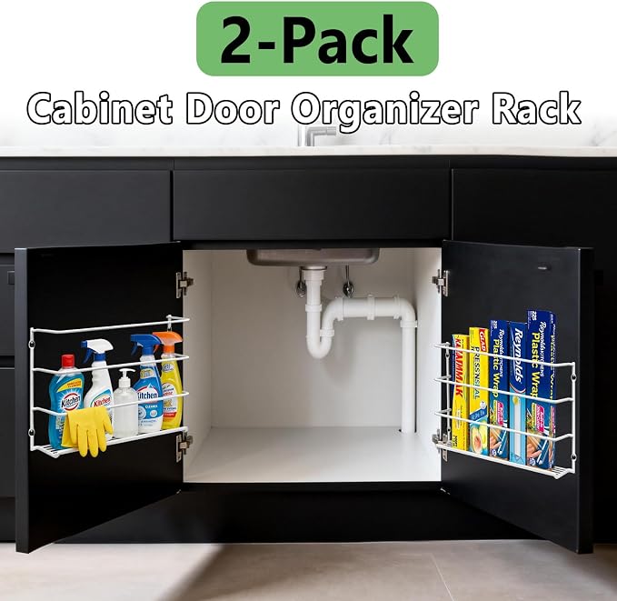 Premium 2-Pack Heavy Duty Kitchen Wrap Organizer, Extra Thick & Sturdy Metal Wire Rack for Cabinet Door, Holds Foil, Plastic Wrap, Wax Paper, Bags, Space Saving Under Sink or Pantry Storage Holder