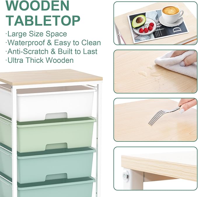 SYKIARIOL Utility Cart with 4 Drawers,Rolling Storage Cart with Drawers,Storage Rolling Drawer Cart with Wooden Tabletop for Bedroom,Kid's Room,Dorm,Classroom,Office,Green