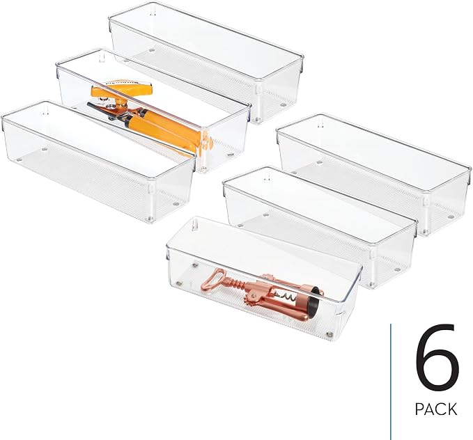 iDesign Plastic Drawer Organizer Bins, Set of 6, Clear | Storage for Kitchen, Storage for Bathroom, Storage for Desk Drawers