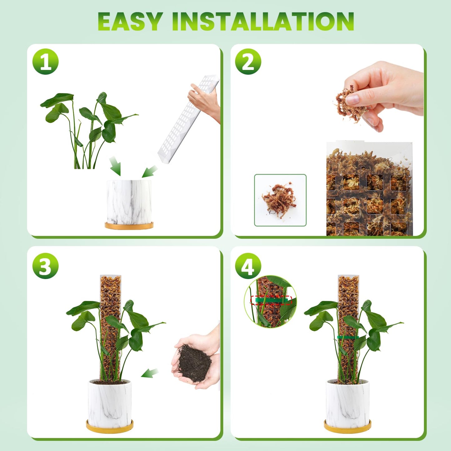 EOX 4 Pcs 15 Inch Plastic Moss Pole for Plants Monstera Set with 5.3oz/150g Sphagnum Moss, Plant Poles for Climbing Plants, Plant Support for Indoor Plants, Garden Ties