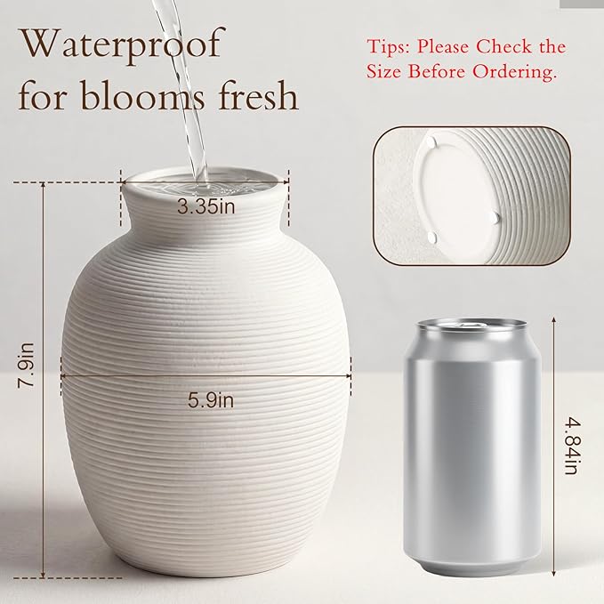 Ceramic Flower Vase Home Decor, 8in White Waterproof Pottery Rustic Vases, Flower Terracotta Vases for Farmhouse Table Centerpieces, Home Decor, Living Room