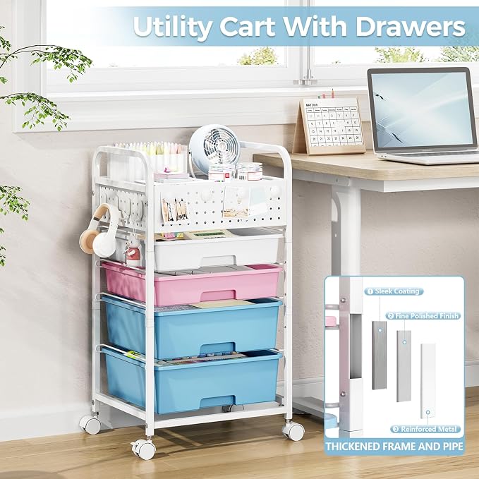 4 Drawer Rolling Storage Cart with Pegboard Top and Hooks, Mobile Organizer Cart with Wheels for Office Supplies, Craft Storage, Classroom Organization, Home Utility Cart, Pink&Blue