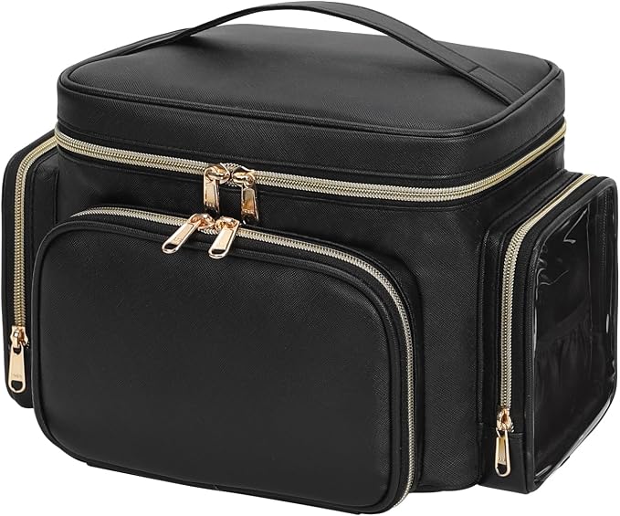 Bagmoly Large Makeup Bag, Portable Travel Makeup Bag Organizer for Women Girls with Makeup Brush Compartment & Two Side Pockets, Cosmetic Travel Bag Vertical Storage Toiletry Bag - Black