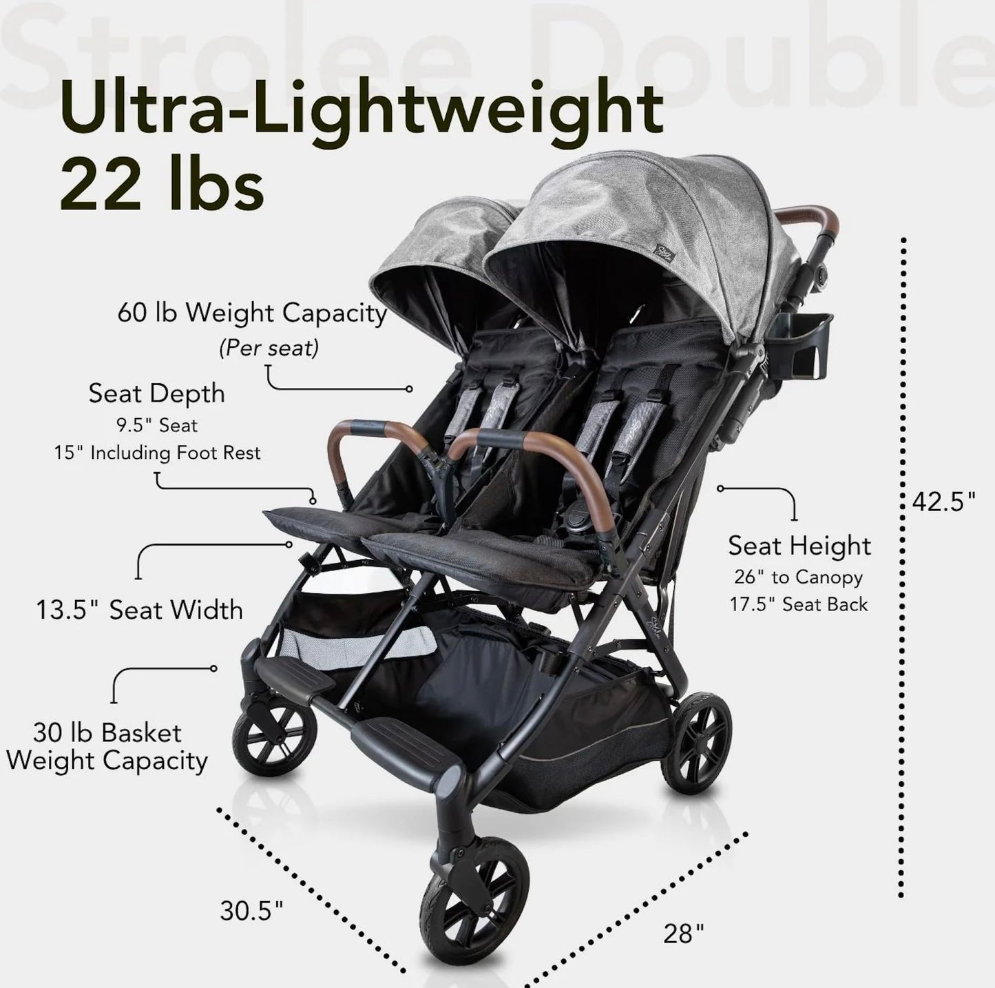 Strolee Lightweight Double Side by Side Stroller - 22 Lbs, 9.5" Compact Fold, Twin Nap Ready Seating, No Rethread Harness, Magnetic Buckle & Ultra Plush Seat 60Lb Max Per Seat- (v2 Black)