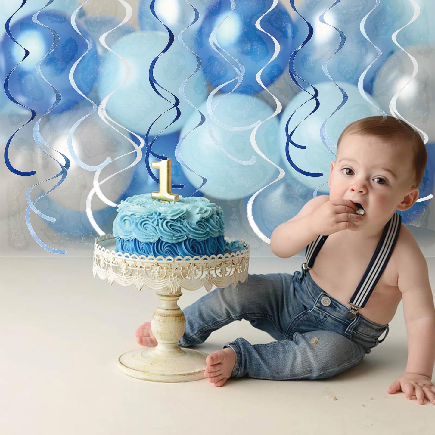 48 Pcs Blue Hanging Swirl Party Decorations Ombre Blue Felt Ceiling Spiral Streamers with Hooks for Birthday Wedding Baby Shower Graduation Party Supplies
