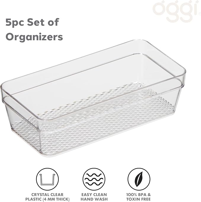 Oggi Set of 5 Clear Drawer Organizers - (1) 3x6.25, (2) 3x9.5, (2) 3x12.5 - Ideal for Organizing Kitchen Drawers, Office, Desk, Silverware, Kitchen Utensils, Cosmetics and Bathrooms