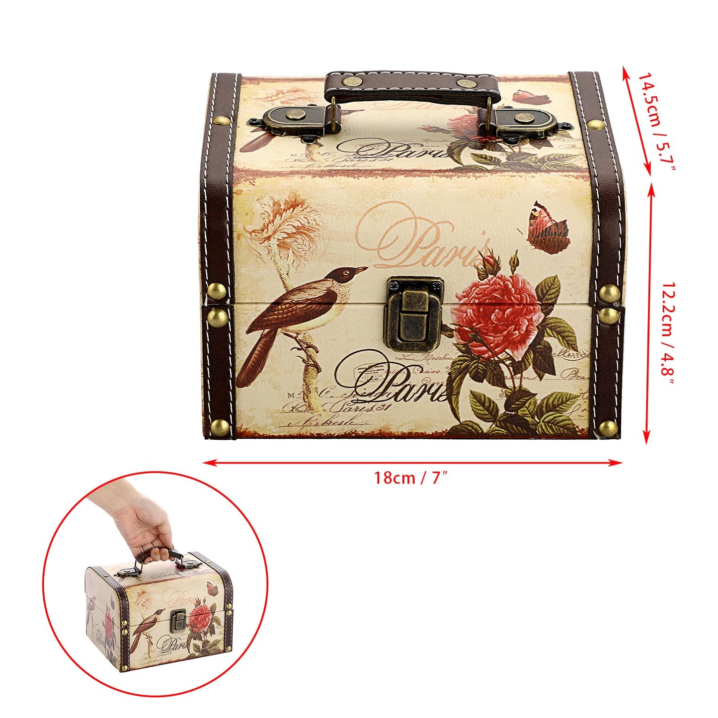 ELLDOO Decorative Treasure Chest Box, Wooden + PU Leather Storage Box for Jewelry Trinkets, Keepsakes box for Girls Women Gifts (Bird + Flower Pattern)