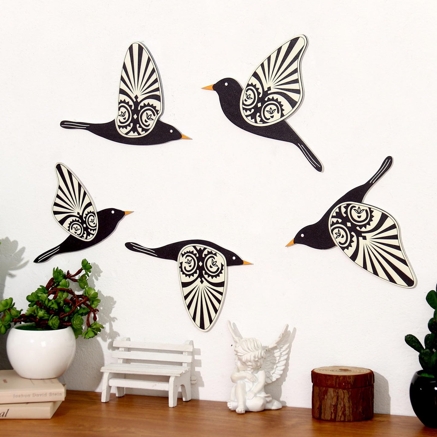 KOYILTD 5 Piece Wooden Bird Wall Decor Sculptures Wood Boho Flying Bird Wall Art Scandinavian Home Wall Decor for Farmhouse Living Room Bathroom Dining Room Kitchen Office (Rustic)