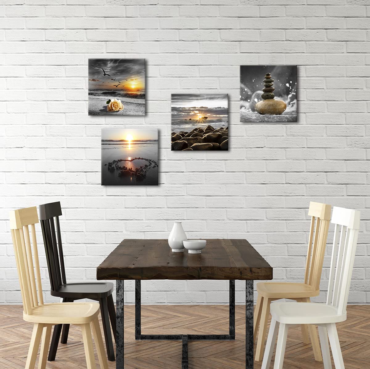 Bamdeya Beach Wall Art Canvas Zen Prints Art Black and White Wall Decor Gold Sea Sunset Seascape Wall Pictures Ocean Sunrise Love Painting for Living Room Bathroom Decor Home Decoration Framed