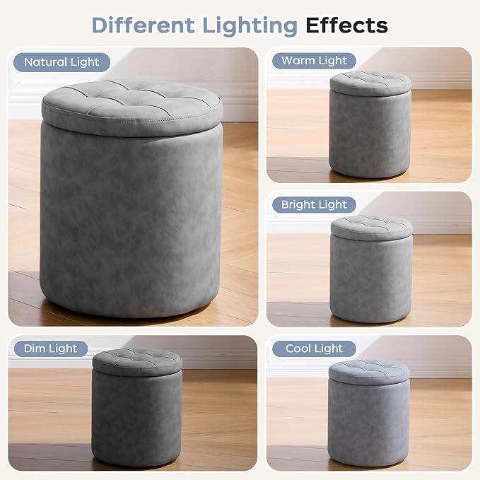 oakvivo 12.6" W x 14.17" H & 14.76" W x 17.32" H Storage Ottoman Foot Stool for Couch, Nesting Round Vanity Stools Padded Ottomen, Leather Set of 2 Footrest for Living Room,Grey