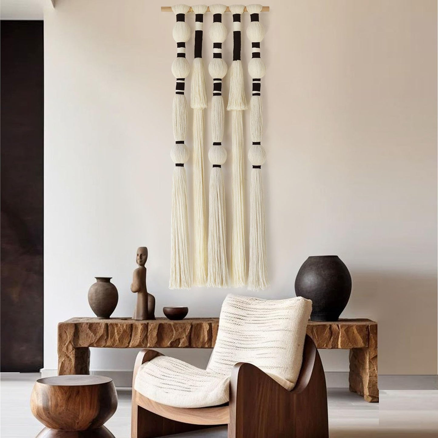 Flber Macrame Wall Hanging Tassels Sphericity Cotton Textile Hanging Geometric Yarn Wall Art for Bedroom Living Room Decor 15.7" W x 39" L
