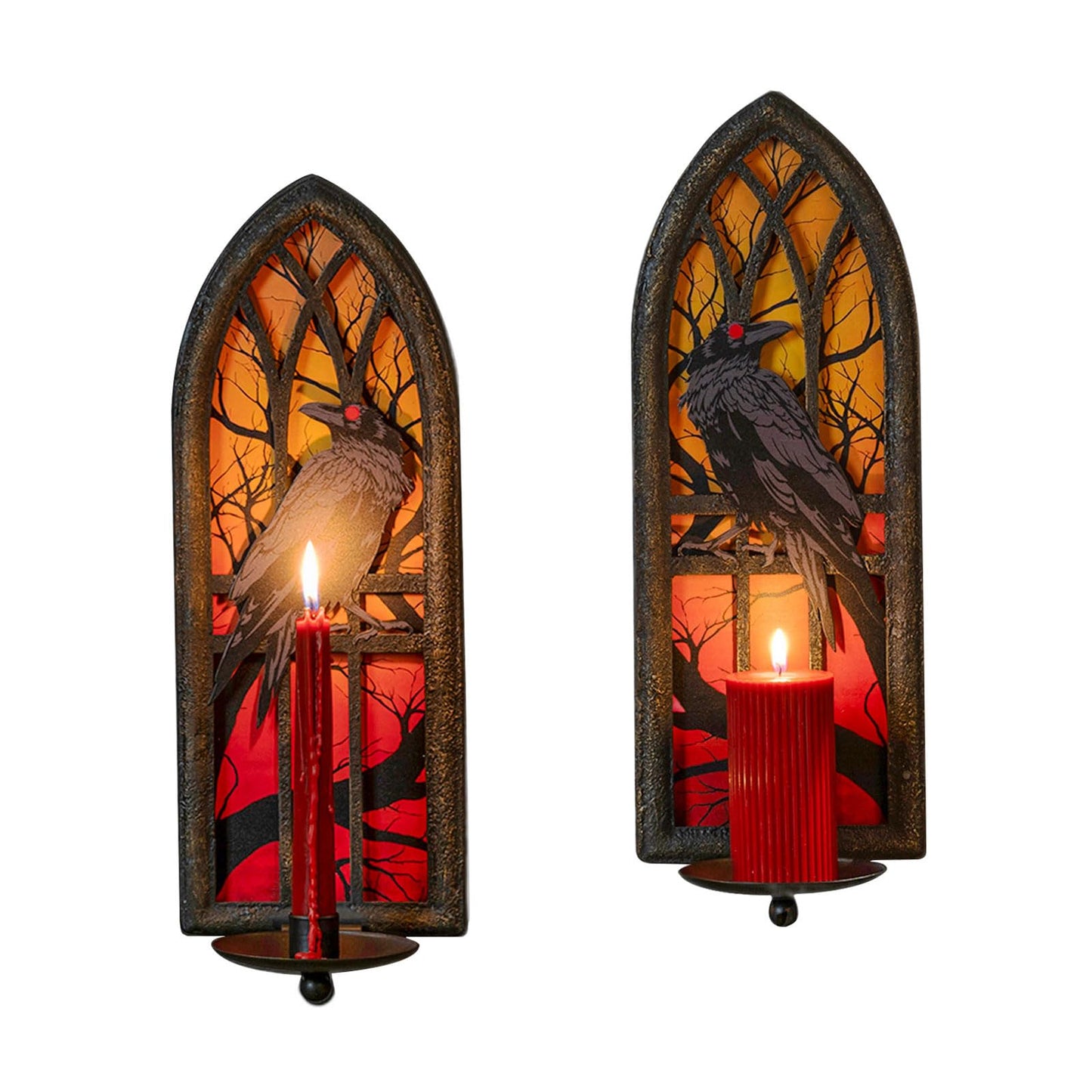 AimtoHome Gothic Wall Candle Sconces Set of 2, Wrought Iron Crow Wall Mounted Candelabra Holder with Removable Trays for Taper & Pillar Candles, Medieval Cathedral Window Design, Dark Academia Decor