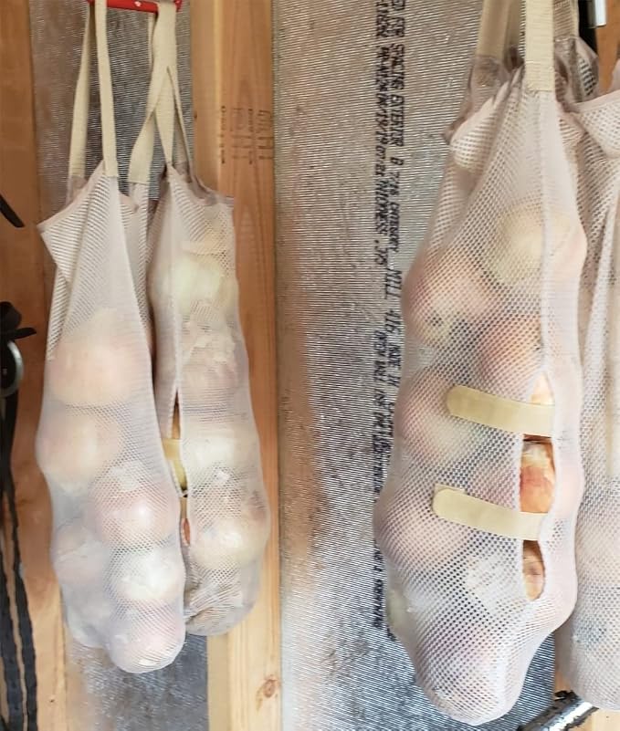 Ahyuan Hanging Mesh Storage Bags 5 Pack Onion Garlic Potatoes Net Mesh Bag Long and Large Reusable Net Produce Bags for Fruit Veggies Garbage Bag for Home RV Camper