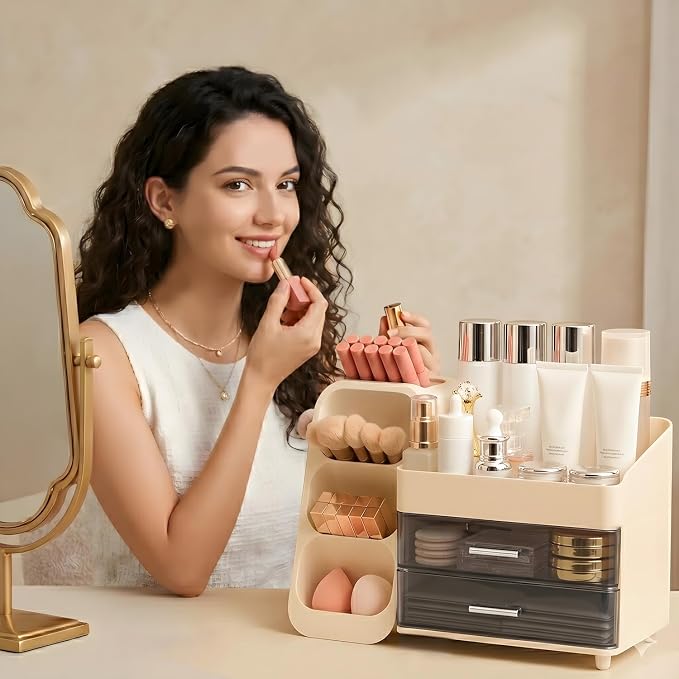 Brothersbox Makeup Organizer with Brush Holder for Vanity, Large Countertop Skincare Storage with 2 Drawers, Holds Lipsticks, Nail Polishes, Perfumes, Brushes - Gift for Women, Cream