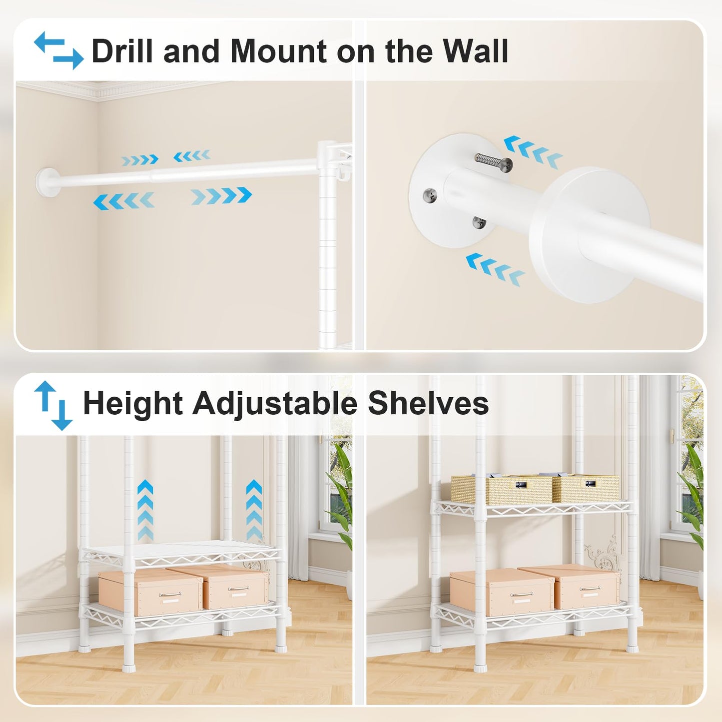 Ulif M2 Wall Mounted Closet System, Clothes Rack Mounted onto the Wall with 4 Expandable Hanger Rods and 5 Metal Shelves, Clothing Organizer Storage in (70.8-102.3)" L x 14.5" D x 71.2" H, White