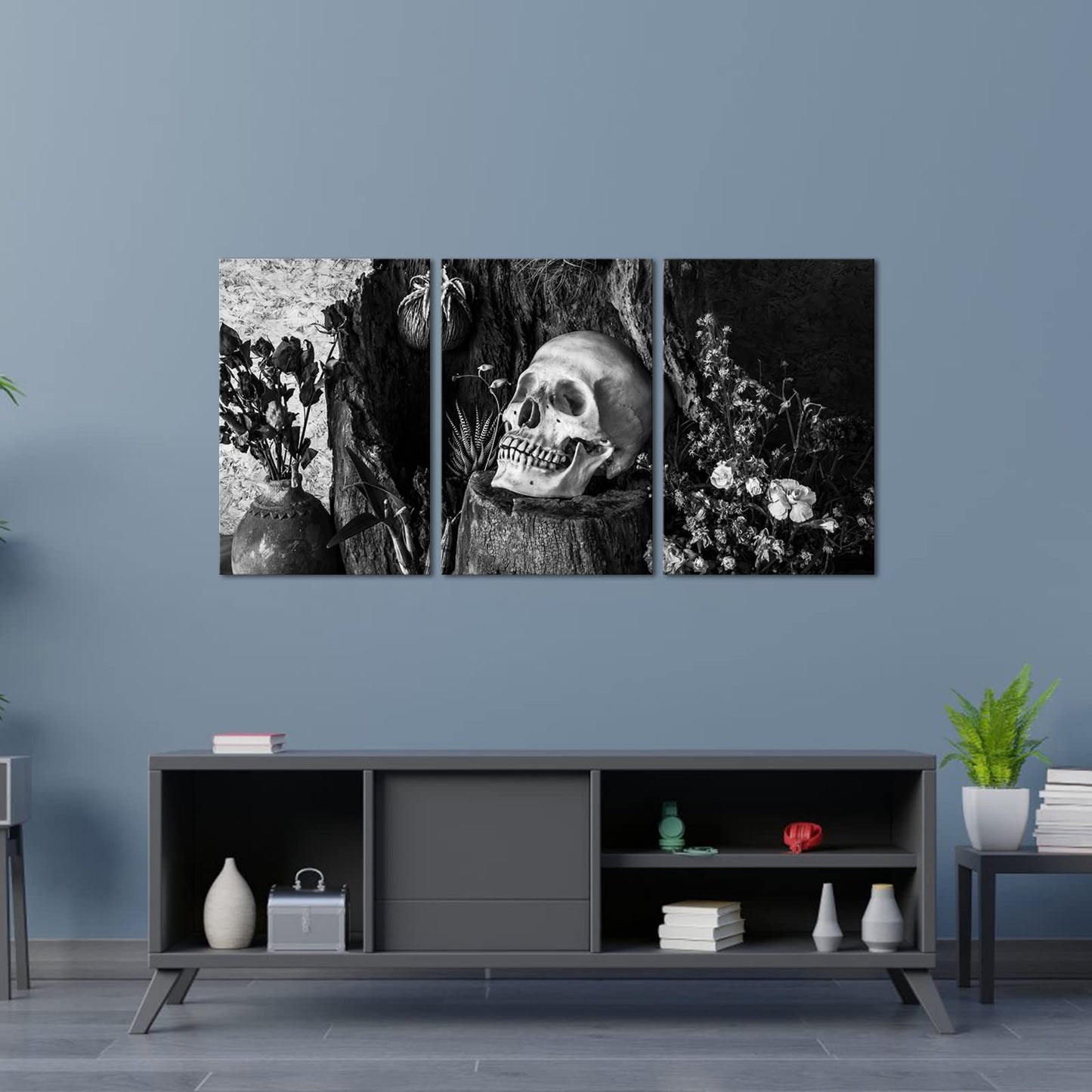 NutArtPic Skull Painting Day of the Dead Wall Art Black White Skull Flower Wall Picture Gothic Skeleton Canvas Gallery Wrapped (Black White, Medium)