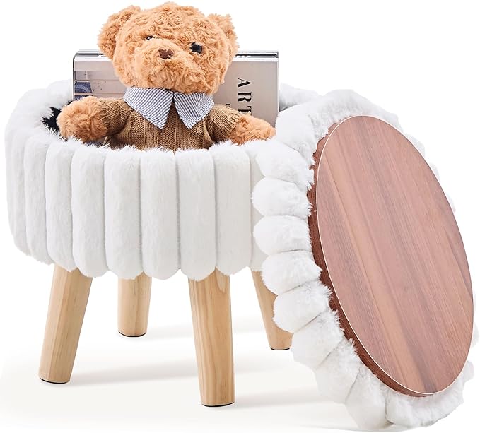 Wimarsbon Storage Ottoman, Modern Round Footrest with Soft Padded Seat, Teddy Velvet Footstool with Wood Legs, Accent Small Table or Plant Stand for Hallway, Living Room (White)