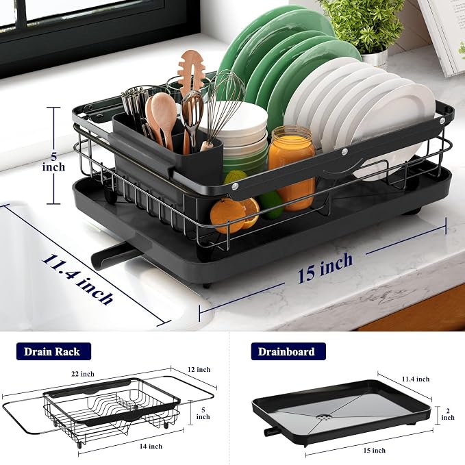 Kitsure Dish Drying Rack for Kitchen Counter, Stainless Steel Sink Organization and Storage Essentials with Cutlery Holder, Home and Appartment Decor, 12.2''W x 15.7''~23''L, Black