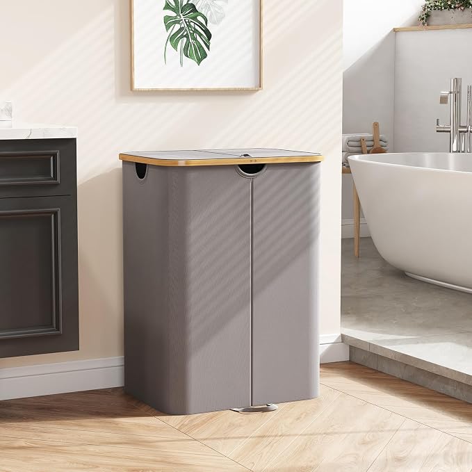 Lifewit 150L Double Laundry Hamper with Lid, Large Laundry Basket with Removable Bag & Bamboo Handles, Fodable Tall Dirty Clothes Hamper for Laundry Collapsible Bin for Bathroom Bedroom, Charcoal Gray
