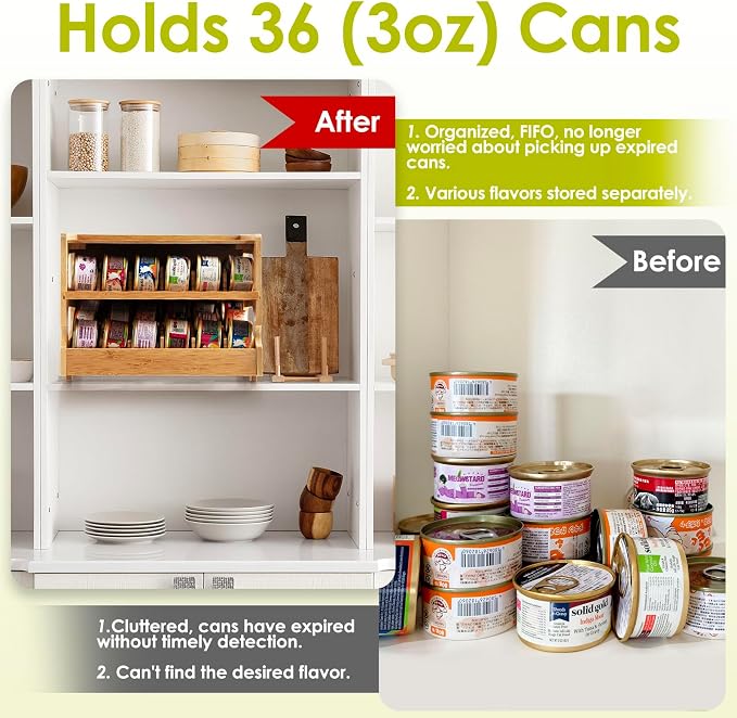Coanto Cat Food Can Organizer for Pantry, Bamboo 2-Tier FIFO Rotating Can Dispenser, Holds 36 (3oz) Wet Cat Food Cans, Stackable Storage Shelf for Kitchen Cabinet