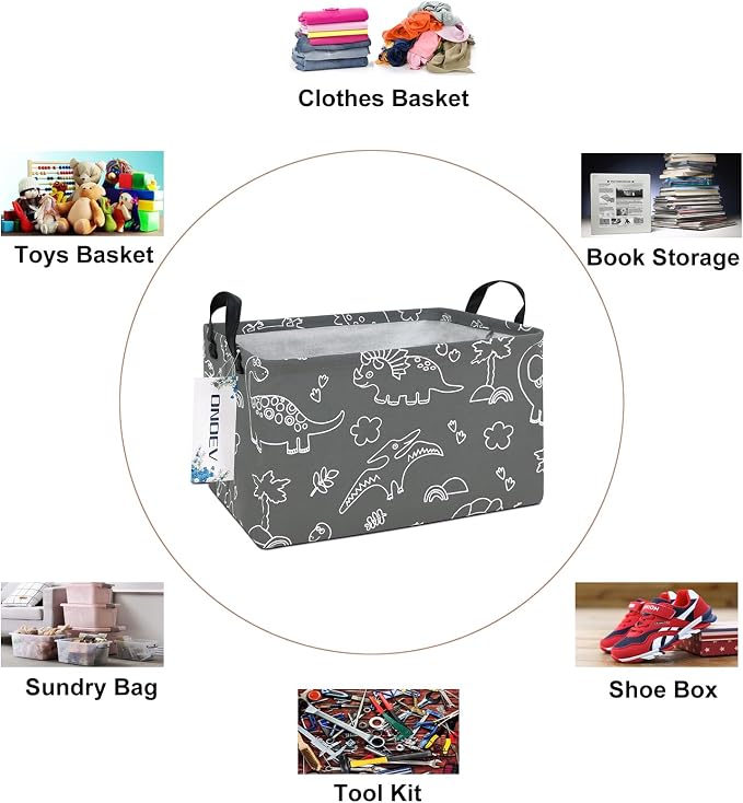 Rectangular Dinosaur Pattern Storage Bin, Decorative Canvas Laundry Basket with Dual Handles,Foldable Household Toy Organizer,Multipurpose Party Gift Basket for Bedroom Dorm(Gray Line Dinosaur)