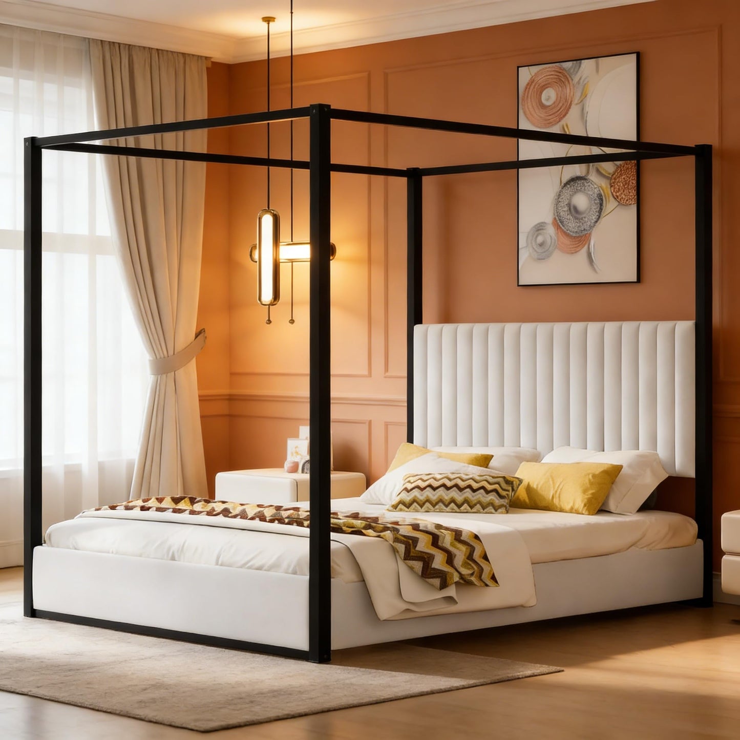 LUMISOL Queen Size Metal Canopy Bed Frame, Black 4 Poster Bed with Tall Upholstered Headboard, Upholstered Low Profile Canopy Platform Bed with Slats Support, No Box Spring Needed, Black + White