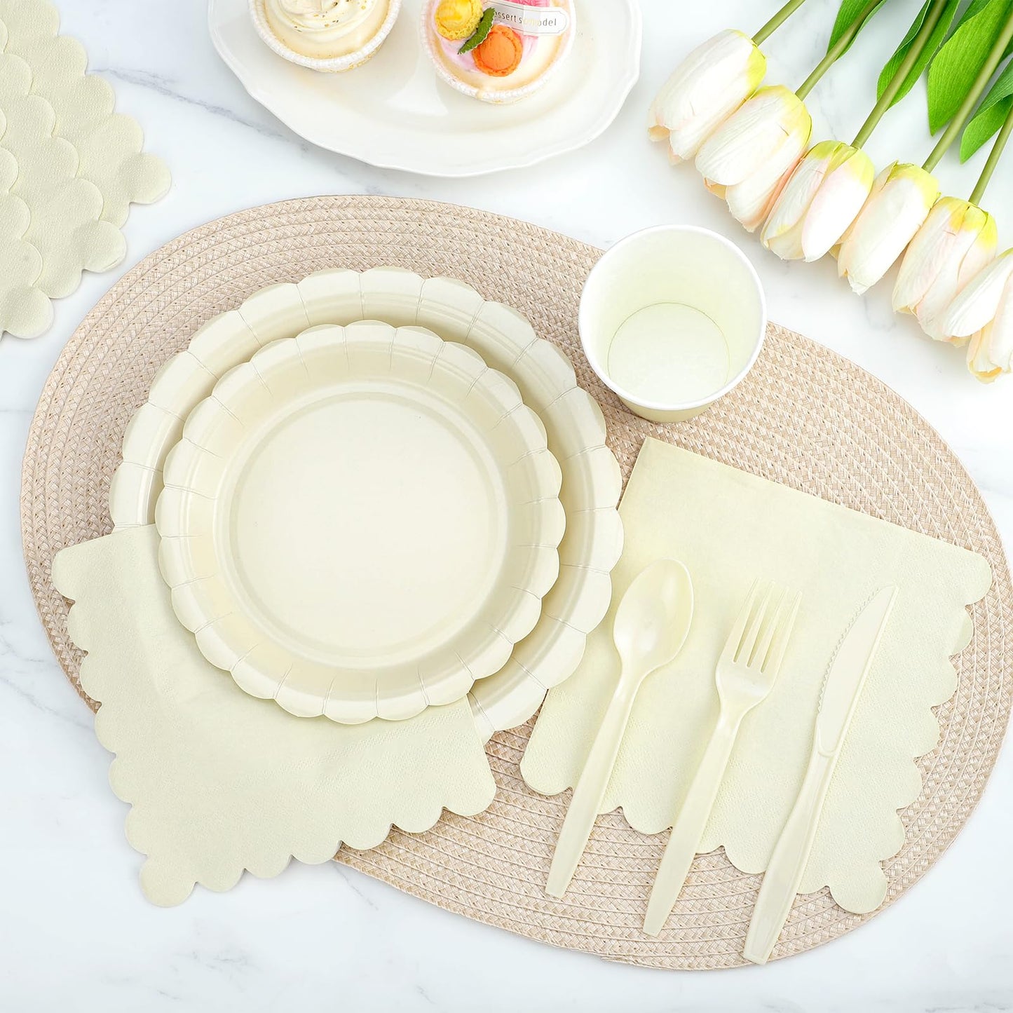 Xiangqu 175 Pcs Ivory Paper Plates and Napkins, Beige Party Supplies Include Scalloped Cream Plates Napkin Cup Plastic Cutlery for Wedding, Bridal&Baby Shower, Birthday