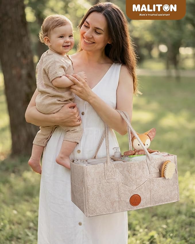 Maliton Baby Diaper Caddy Organizer for Changing Table, Nursery Storage Bin Basket with Handle, Felt Diaper Organizer Suitable for Indoor Outdoor (Khaki)