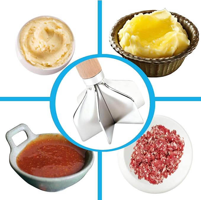 304 Stainless Steel Meat Chopper,6 Blade Ground Beef Masher with Wooden Handle, 11 Inch Potato Masher, Metal Meat Masher for Kitchen