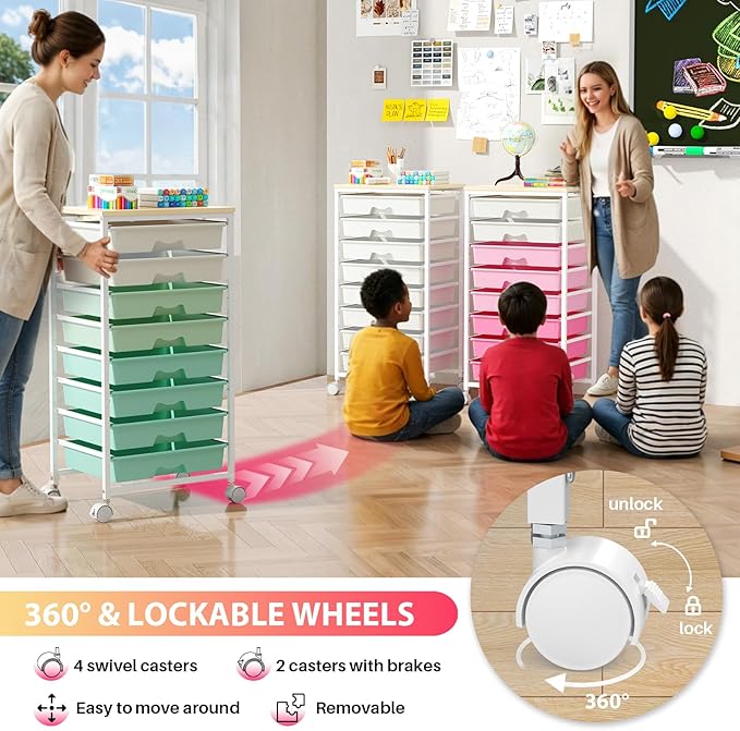 Goovilla Rolling Cart with Drawers, Utility Cart Organizer With 8 Removable Drawers and Wooden Tabletop, Lockable Rolling Storage Organizer for Art, Classroom, Home, Dorm, Office, Craft Storage, White