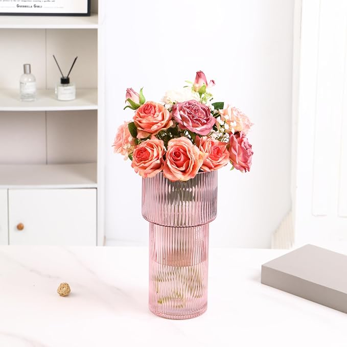 Large Pink Glass Vase, 12 Inches Tall Fluted Vase for Flowers, Modern Torch-Shaped Flower Vase with Ribbed Texture for Living Room, Dining Table, Office, Entryway, Mantle, Shelf, Wedding Gifts
