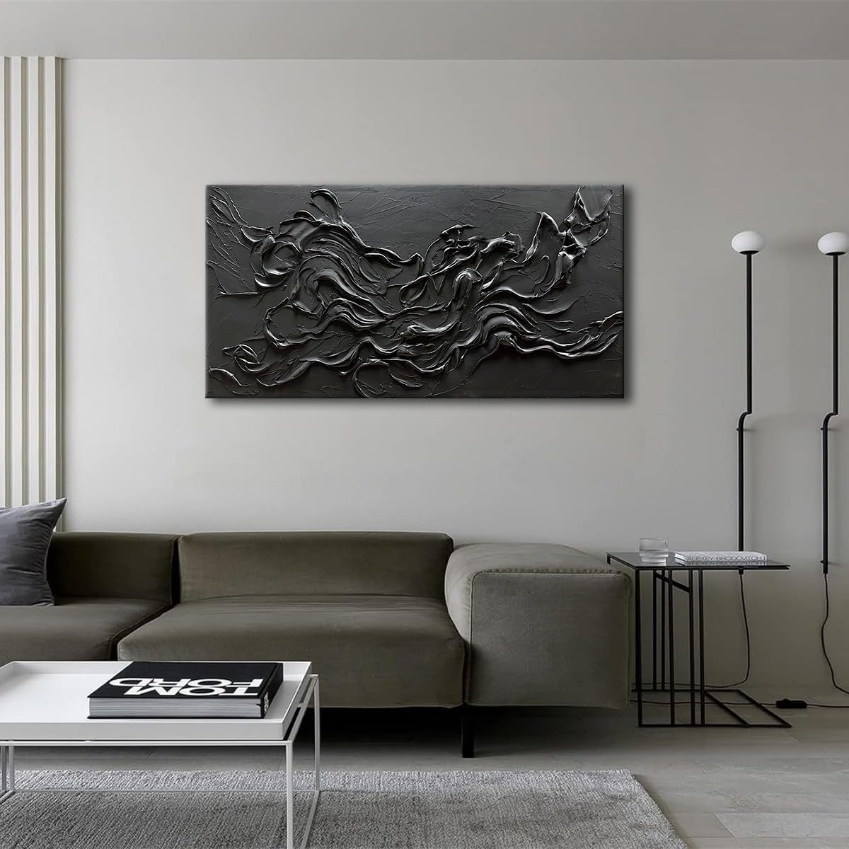 zoinart Hand Painted Large Black Wall Art 30"x60" Thick Texture Minimalist Oil Paintings Contemporary Art Oil on Canvas Abstract Textured Wall Art Pure Black Wall Art
