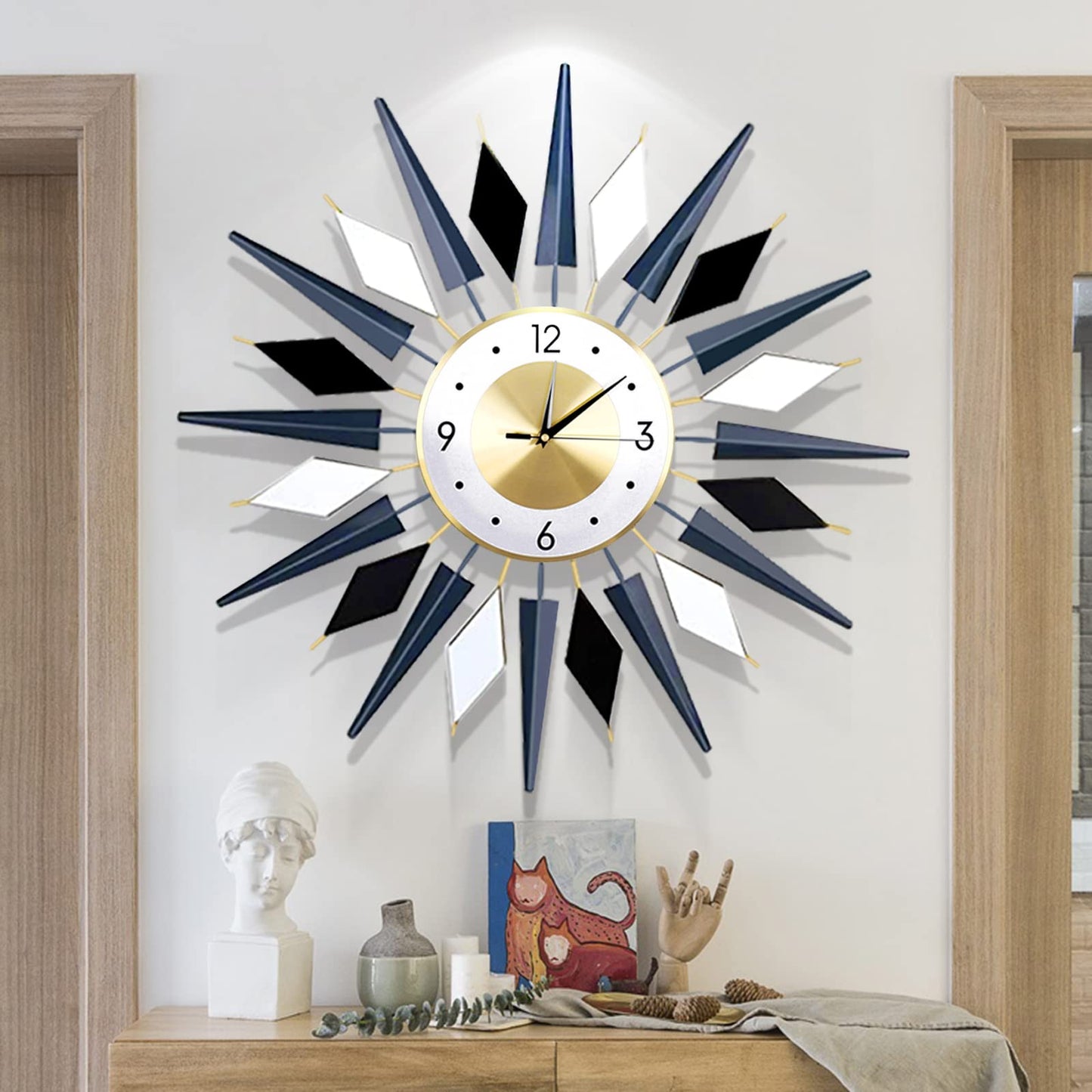 FMTAD Large Metal DecorativeSilent Non-Ticking Modern Big Wall Clocks for Living Room Dining Room Bedroom Decor, Dia 24 Inch Blue Black White