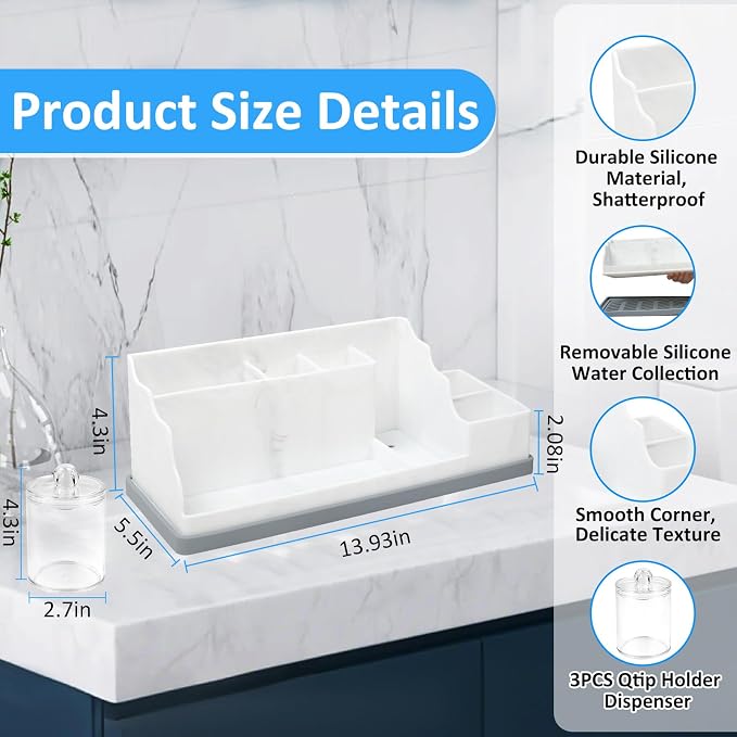 Bathroom Counter Organizer, Large White Silicone Toothbrush Holders for Bathrooms Organizer Countertop with 3PCS Qtip Holder, Toothbrush and Toothpaste Holder for Bathroom Organization Storage Vanity