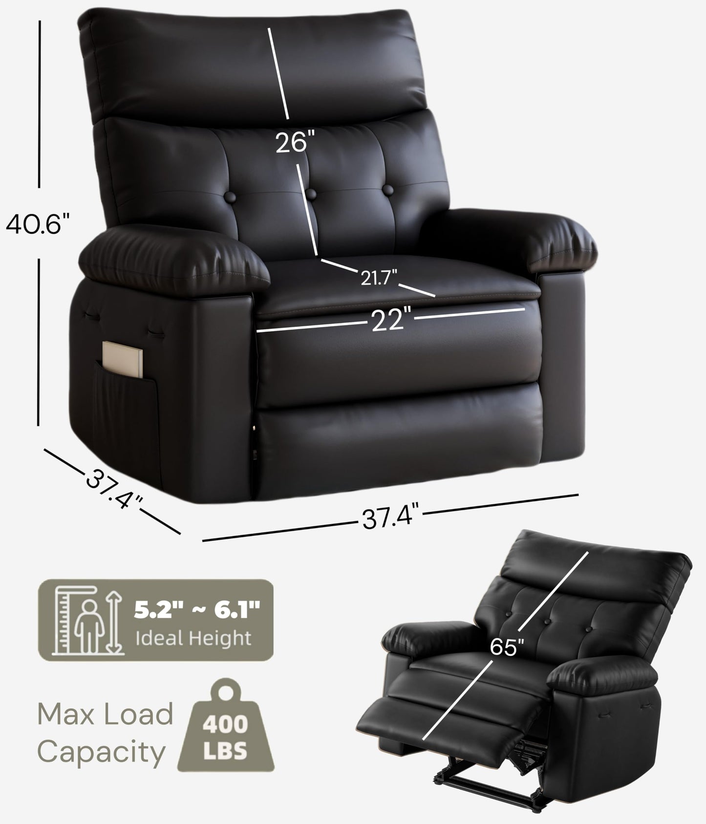 Garvee Oversized Recliner Chair - PU Leather Manual Recliner for Adults, Comfy Reclining Chair with Overstuffed Arms and Back, Side Pocket, Single Sofa for Living Room, Bedroom
