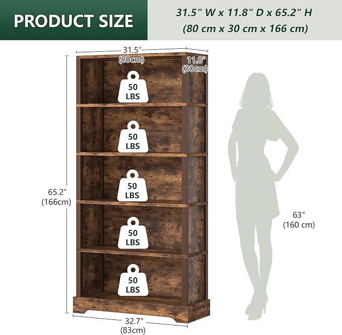 TVU 5-Tier Wooden Bookshelf, 65" Tall Farmhouse Style Open Bookcase, 31.5" W Standing Book Shelf with Storage, Suitable for Study, Living Room, Office, Rustic Brown