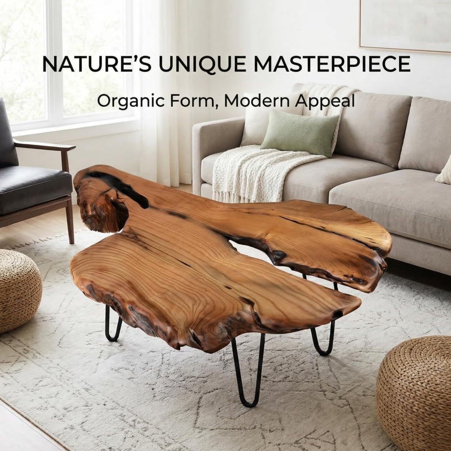 Nalvyue Natural Wood Coffee Table, Live Edge Coffee Table for Living Room, Unique Desktop