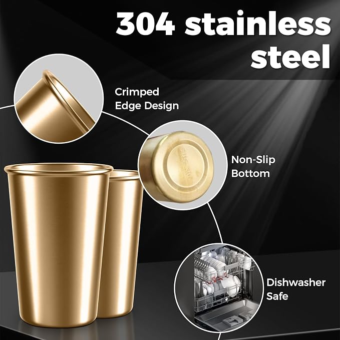 5 Pack 16 oz Stainless Steel Pint Cups,Stainless Steel Cup,Pint Cup Tumbler，water Tumbler,Stackable,Reusable,BPA Free (16oz-10pack-Gold steel)