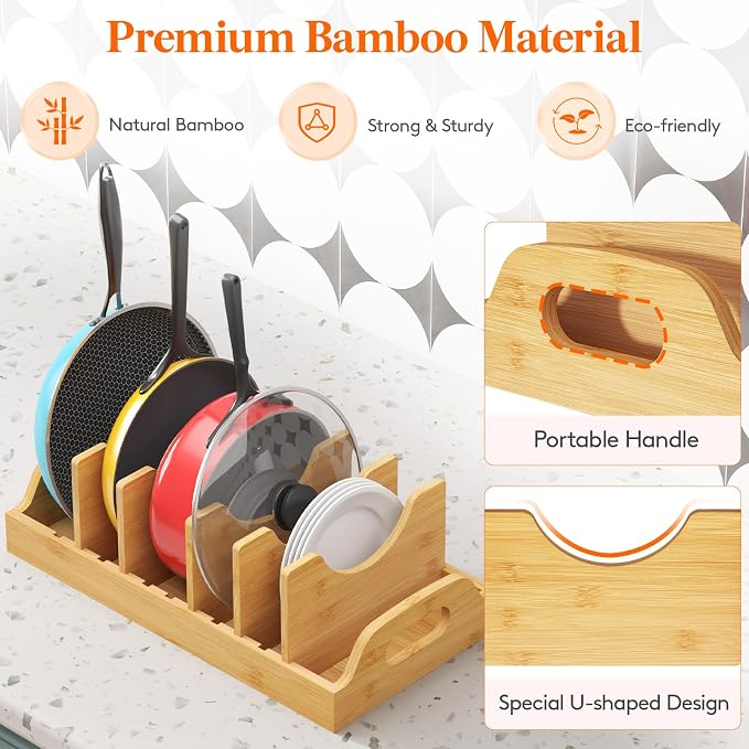 Lifewit Bamboo Pot Lid Organizers for Inside Cabinet, Pan Lid Holder with 6 adjustable Inserts & 7 Sections, Kitchen Pantry organizer and storage, Extra Large, 15.6" X 8.1"/40 x 21cm