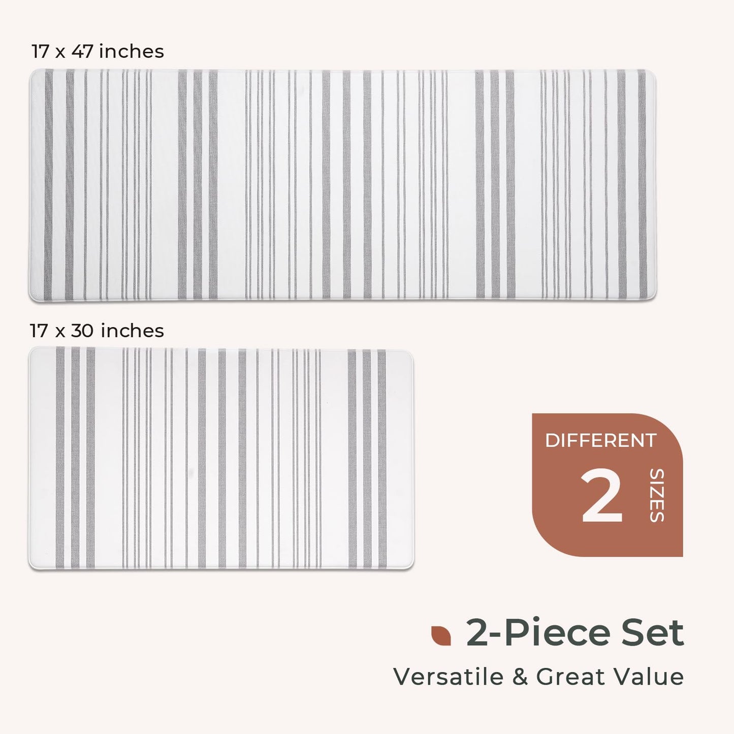 FRESHMINT Farmhouse Stripe Anti-Fatigue Kitchen Mat Set of 2, Cushioned Foam Kitchen Mats for Floor, Waterproof Non Slip Comfort Mat, Modern Kitchen Rug for Kitchen Decor, Sink, Laundry, Office