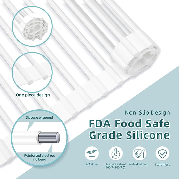 Ohuhu Over Sink Dish Drying Rack, 17.6" W x 15.4" L Roll Up Dish Racks Kitchen Sink Organizer Silicone Wrapped Large in Sink Dish Drying Rack Foldable Rolling Drain Mats Anti-Slip