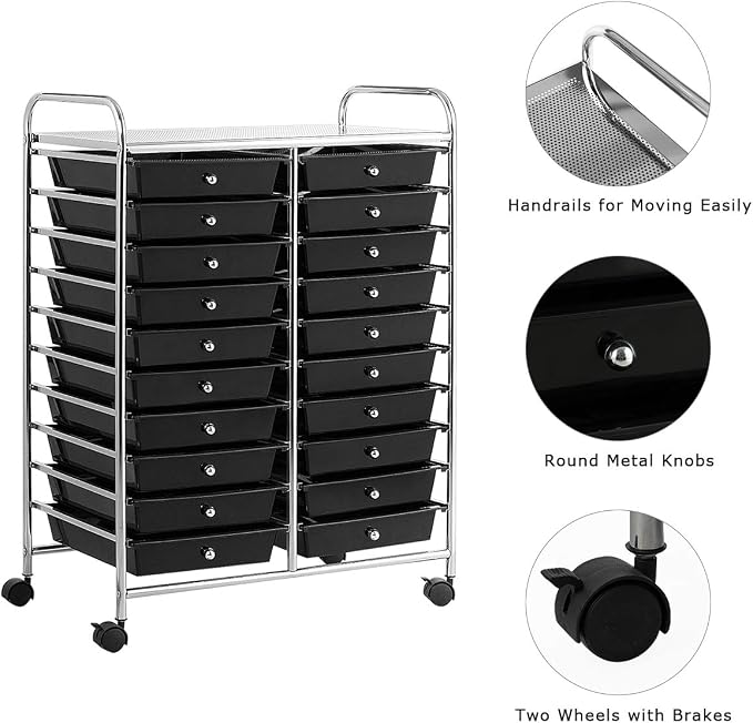 Giantex 20 Drawer Rolling Storage Cart Tools Scrapbook Paper Office School Organizer (25 x 15 x 35 Inch, Black)