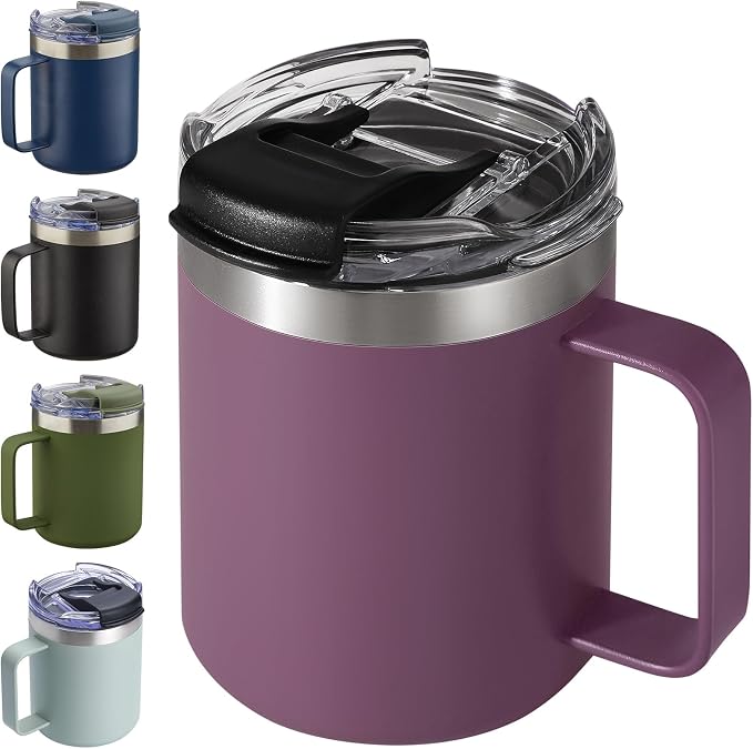 12oz Insulated Coffee Mug Cup with Handle, Stainless Steel Travel Coffee Mug with Flip Lid, Double Wall Vacuum Coffee Tumbler,Plum