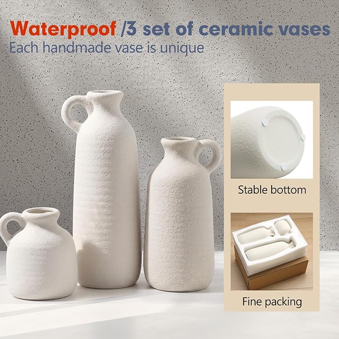 Ceramic Vase Set of 3 with Handle, White Modern Farmhouse Vases for Pampas Grass & Dried Flowers, Flower Vase for Table Living Room Home Decor