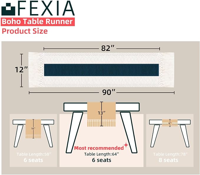 FEXIA Boho Blue Table Runner 90 Inches Long with Tassels Macrame Farmhouse Summer Style Graduation Party Rustic Wedding Baby Shower Dining Kitchen Living Room Decor (12x90 Inches)