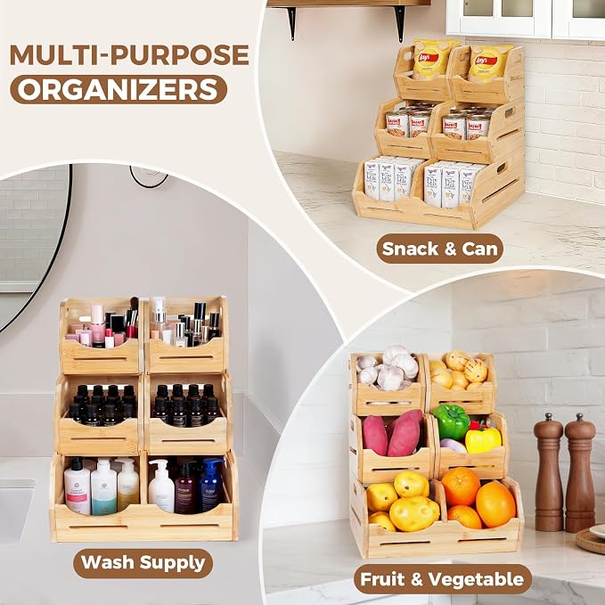 Tfro & Cile Bamboo Potato and Onion Storage Bins Pantry Organizers 3 Tier Stackable Vegetable Baskets Multipurpose Fruit Organization Containers for Kitchen - Set of 5