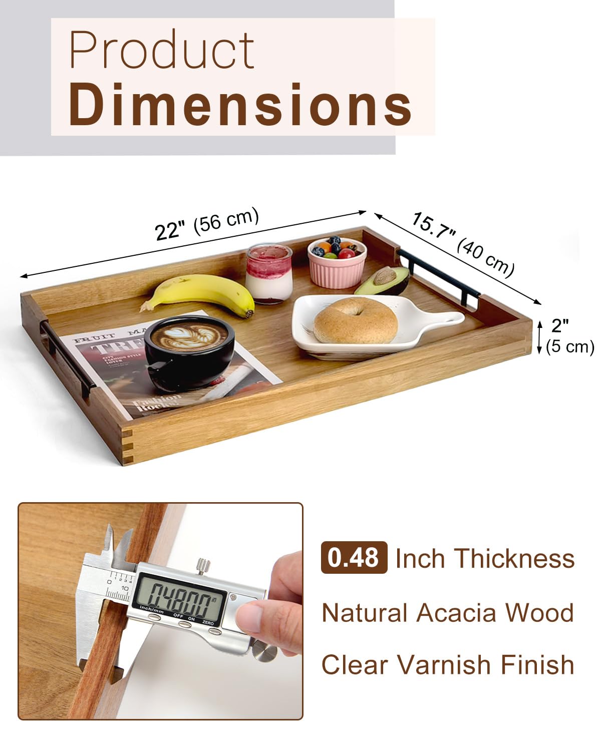 OurMiao 22 Inches Acacia Wood Serving Tray with Metal Handles, Large Wooden Rectangle Ottoman Tray, Decorative and Durable Design for Living Room Coffee Table Couch Kitchen