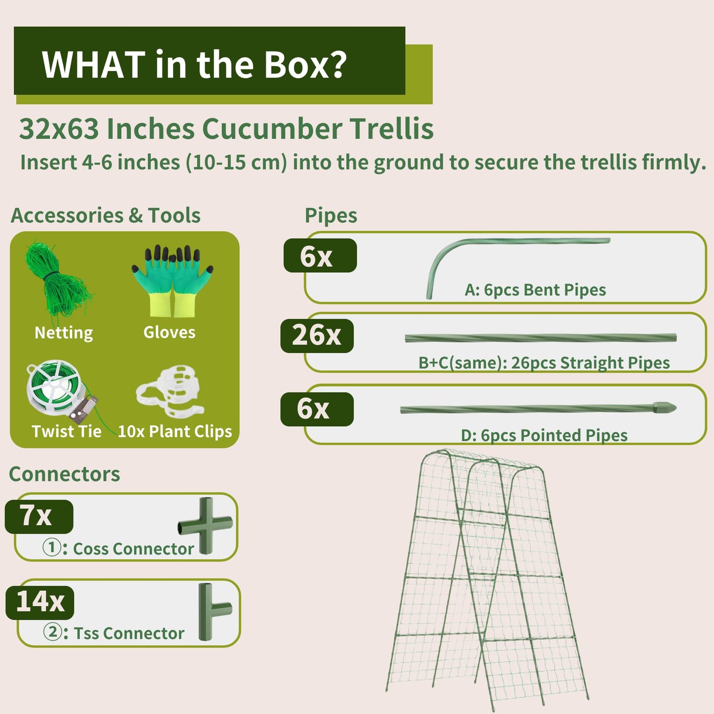 Miory Cucumber Trellis, 63" Tall U-Shape Trellis for Raised Bed, Garden Arch Trellis for Climbing Plants Outdoor, Plant Support for Vines, Steel with PE Coated (32" Lx32 Wx63 H)