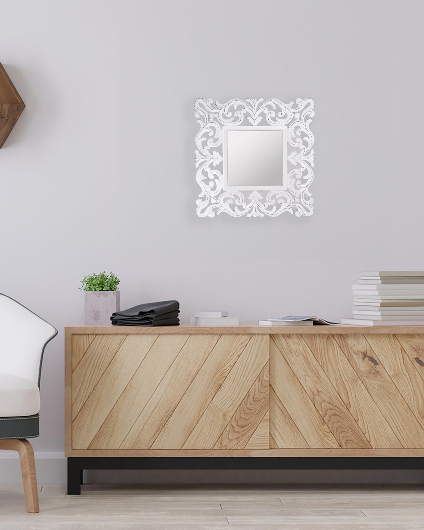 Lightnpro Hand Carved Farmhouse Wall Mirror - 18 Inch Square Antique White Wooden Frame, Rustic Decorative Mirror for Bathroom, Living Room, Bedroom & Entryway Décor