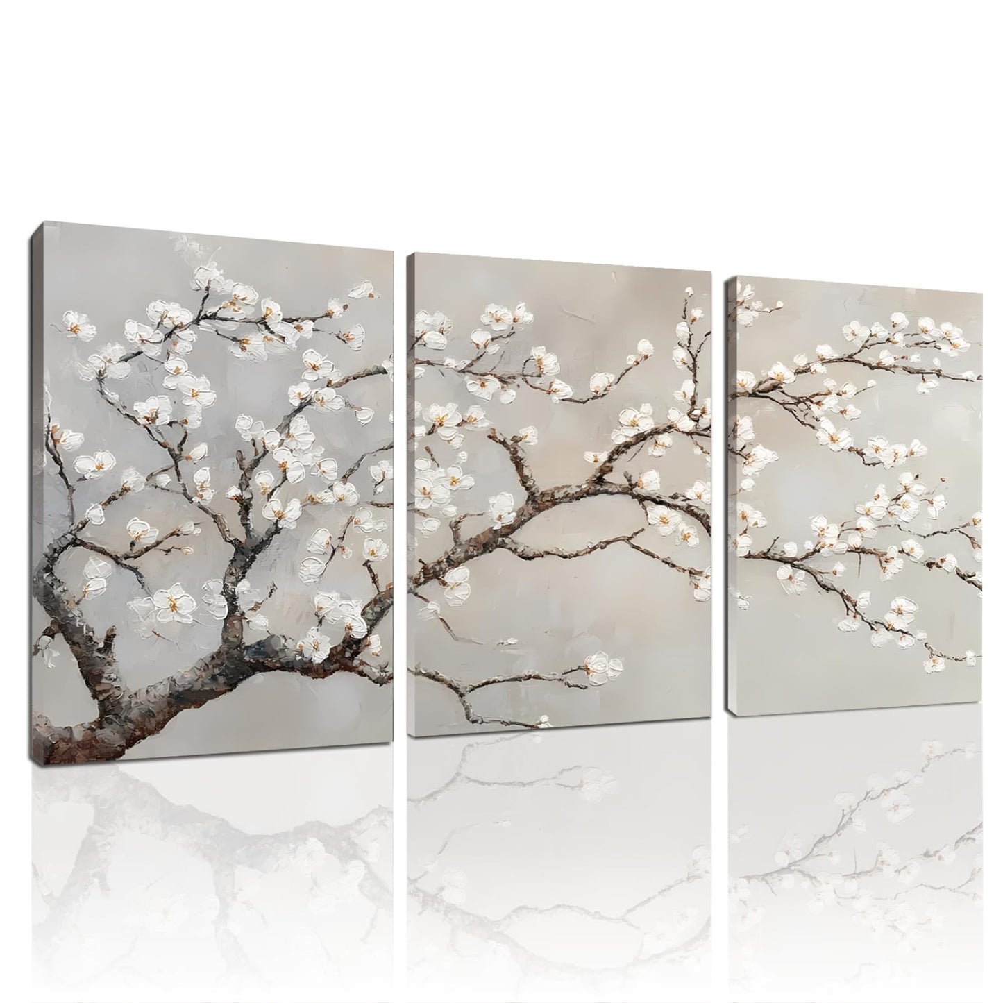 Wivsev Plum Blossom Wall Decor,Plum Blossom Canvas Wall Art,Beige Wall Art,Abstract Tree Print,Tree Wall Decor for Bedroom,Livingroom,Office (24" x 36" x 3 pcs)